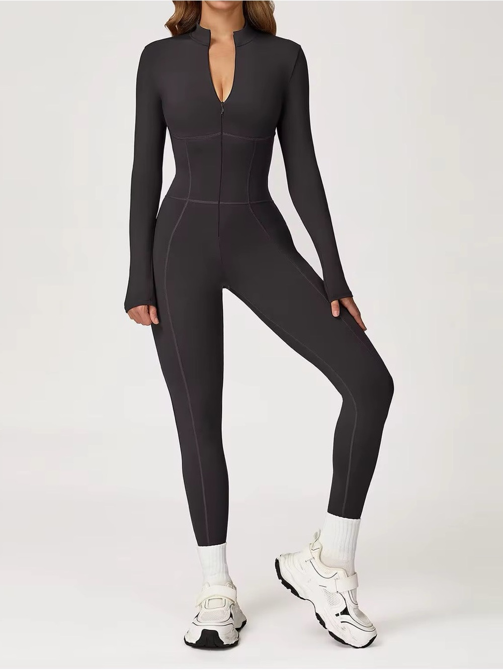 Long-Sleeve Black Jumpsuit with Front Zip